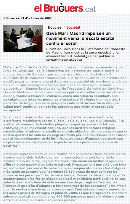 Noticia publicada en EL BRUGUERS DIGITAL sobre el encuentro entre la AVV de Gav&agrave; Mar y la Plataforma del Noroeste de Madrid (24 de Octubre de 2007)